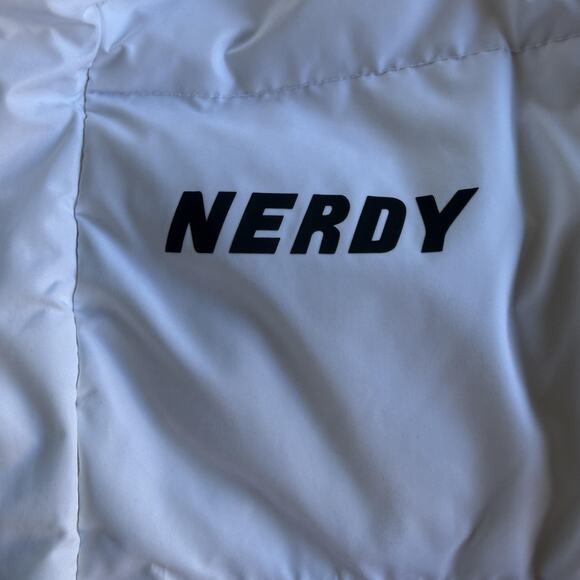 NERDY Coat Small White Long Hooded Down Puffer Parka Stripe Logo Full Zip - Picture 6 of 14